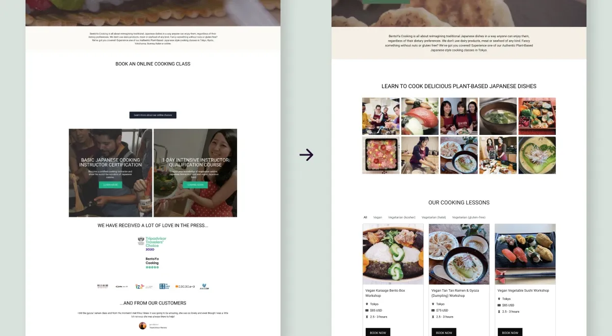 Redesigned Bentoya Cooking homepage with featured classes