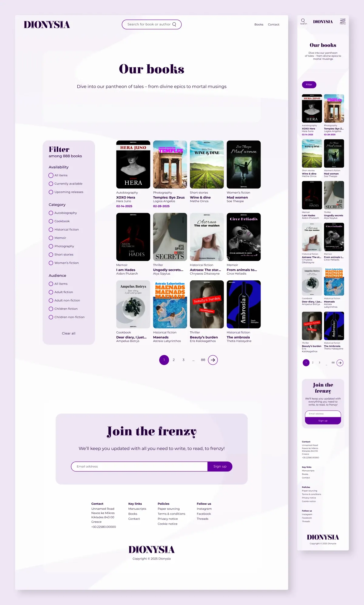 Dionysia book catalog page design