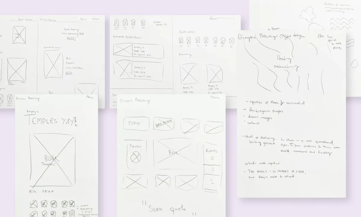 Paper sketches exploring layout structure and fluid elements
